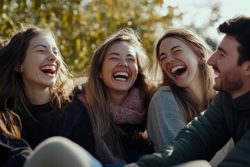 Joyful gathering of friends relaxing outdoors in autumn