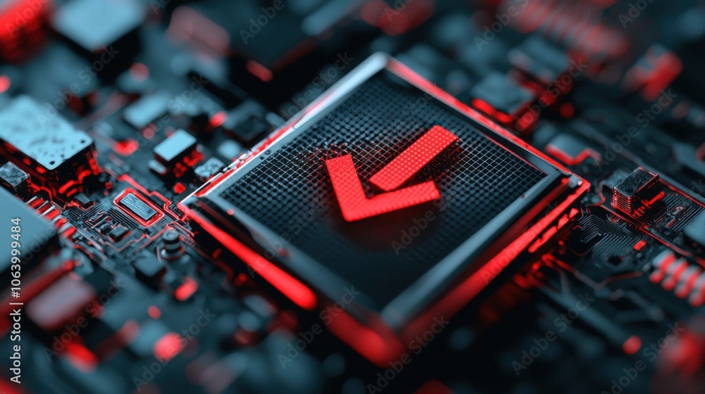 Poster futuristic circuit board with red arrow and digital technology elements