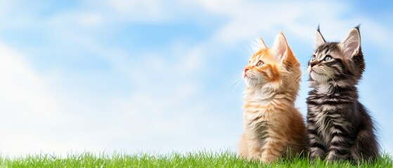 A couple of cats sitting on top of a lush green field
