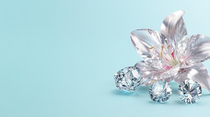 Elegant crystal lily and diamonds on soft blue background