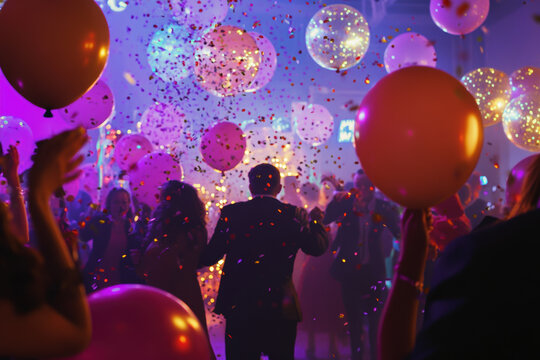 Festive party celebration with balloons and confetti under vibrant lighting