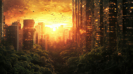 Naklejka premium Sunset City Biosphere: Urban Jungle at Golden Hour