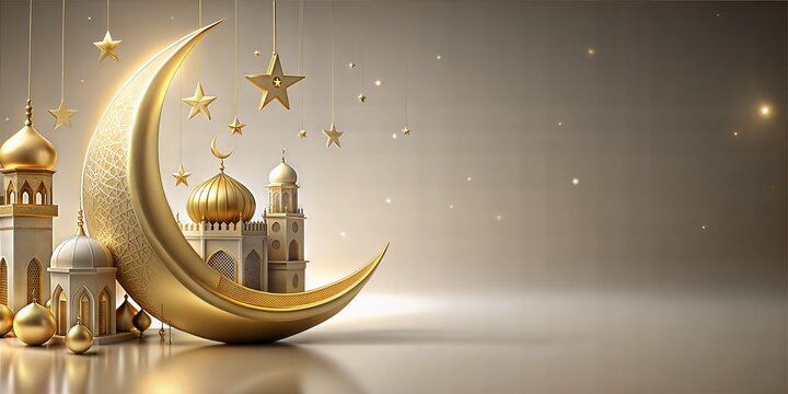 Traditional islamic culture symbols on golden background with text area and golden lanterns against an arabic moon and stars, perfect for ramadan, eid mubarak and eid al adha celebrations