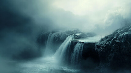 Ethereal Waterfall: Misty Mountain Stream, Serene Landscape, Dreamlike Scene