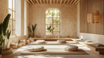 Serene Minimalist Yoga Studio: Natural Light, Neutral Tones, and Woven Accents
