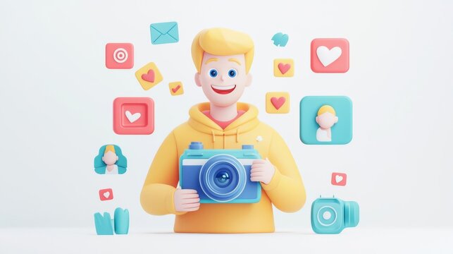 A cheerful character holding a camera surrounded by colorful social media icons, representing content creation and engagement.
