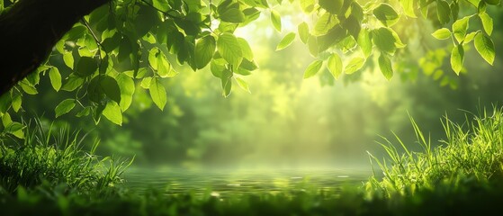 A green forest with a lake in the middle of it