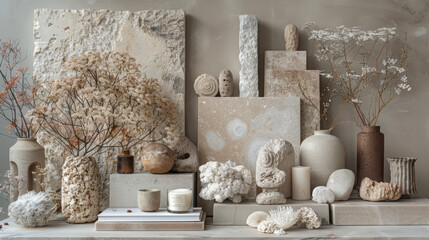 A moodboard of various materials, including white marble and wooden panels, arranged in an elegant composition.