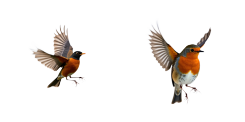 American robin birds in flight on beige background. Two birds, red, white, fly in harmonious symmetry. Wings spread wide, birds traverse sky. Texts objects, balanced composition, equal space. Isolated