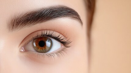 A stunning close-up of a woman's eye showcasing intricate eyelashes and brows against a soft beige background under bright light