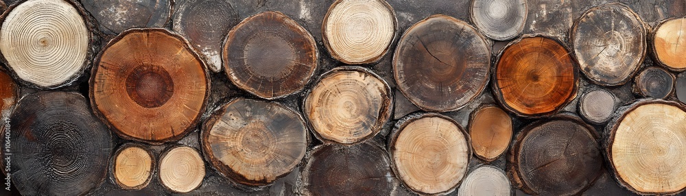 Poster a close-up view of cross-sectioned tree trunks displaying growth rings