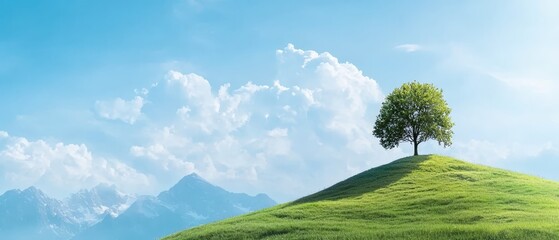 A lone tree on top of a grassy hill with mountains in the background