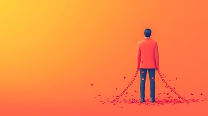 Obraz premium A solitary figure stands against a vibrant orange backdrop, symbolizing liberation and emotional release.