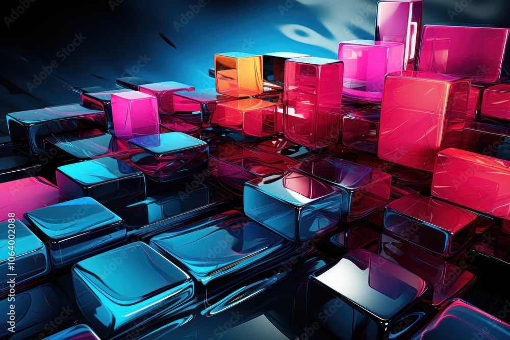 Poster a vibrant abstract arrangement of glossy cubes in various colors, creating a dynamic visual effect.