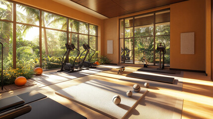 Fototapeta premium Luxury Resort Gym: Tranquil Fitness Studio with Tropical Views