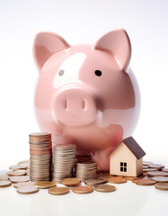 Piggybank with stack of coins and Toy house isolated on white