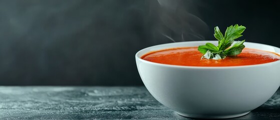 A bowl of tomato soup with a sprig of parsley on top