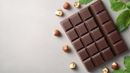 Fototapeta premium Delicious chocolate bar with hazelnuts and fresh mint leaves on gray background