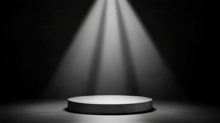 A minimalistic spotlight illuminates a circular podium against a dark background, ideal for showcasing products or presentations in marketing materials, advertisements, or creative projects,