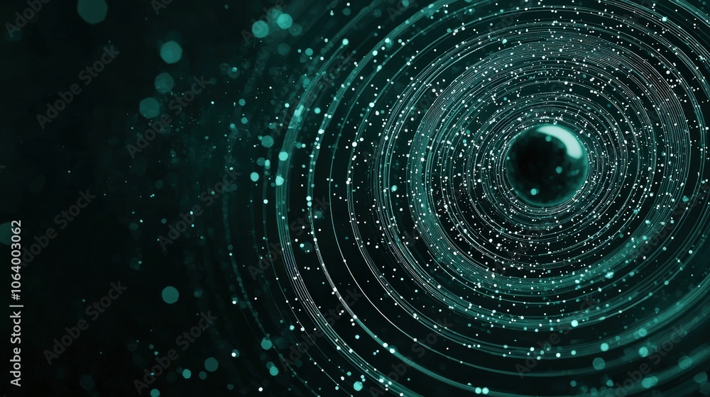 Poster abstract spiral galaxy with glowing particles and circular lines in deep space