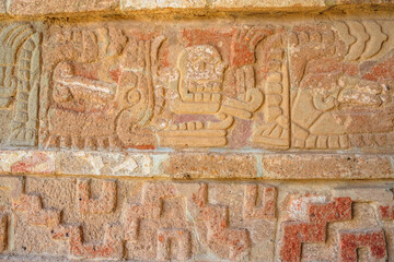 Pre-Hispanic stone engravings with animal figures in the archaeological zone of the pyramids of the Atlanteans, in Tula Hidalgo