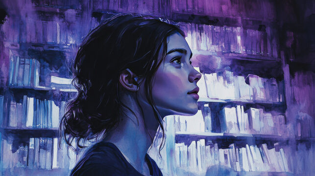 Watercolor Painting: Young Woman, Library, Violet Hues, Eidetic Memory, Bookish