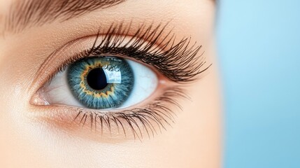 Fototapeta premium Captivating close-up of a woman's eye showcasing striking blue iris and long, delicate eyelashes