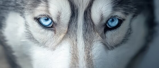  A close up of a husky dog's face with blue eyes