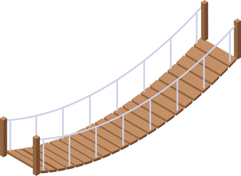 Wooden suspension bridge connecting two sides in isometric view