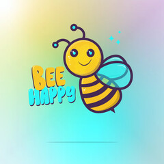 EPS file with text Bee Happy and a cute vector character illustration of a textured bee on a colorful gradient background.