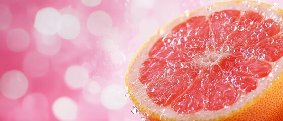 A half of a grapefruit with water droplets on it