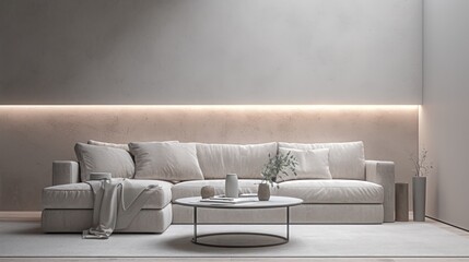 A modern, minimalist living room with a cozy sofa and decorative elements.