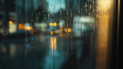 Rainy window, close-up view of raindrops trickling down the glass, blurred background showing city lights.