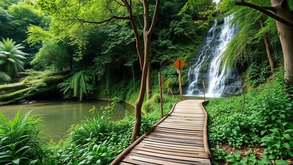 Lush greenery and trees surrounding a wooden path leading to a waterfall in Plitvice National Park, trail, lush greenery