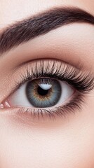 Obraz premium Captivating close-up of a woman's eye showcasing intricate eyelashes and flawless skin texture, ideal for artistic projects