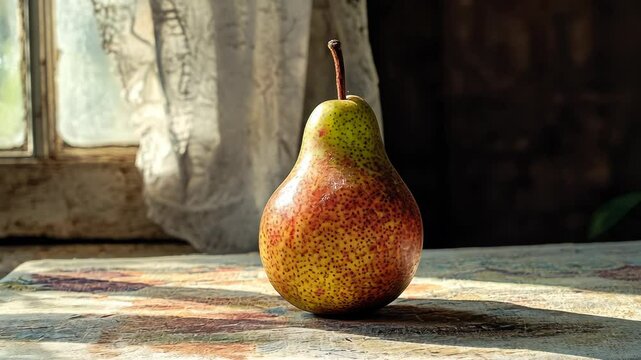 A single pear sits on a table near a window, bathed in warm sunlight
