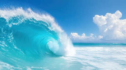 Obraz premium Majestic ocean wave crashing on a sunny day with clear blue sky