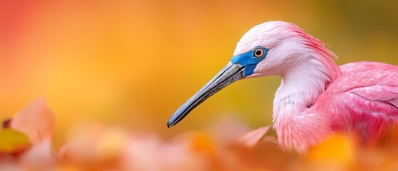 Naklejka premium A pink bird with a long beak sitting in the leaves