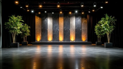 A stylish indoor stage setup featuring modern lighting and potted plants, ideal for events, performances, or presentations, The sleek design enhances a professional atmosphere and visuals,