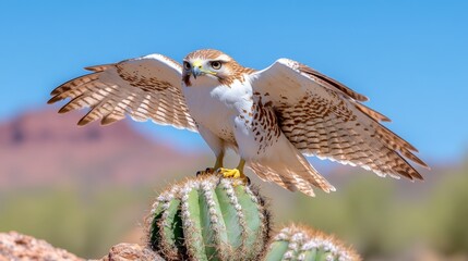 Majestic hawk perched on cactus in desert landscape with spread wings