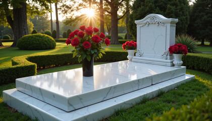 A serene grave marked by a white marble tombstone surrounded by blooming red roses at sunset in a peaceful cemetery
