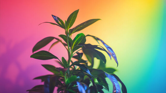 Rainbow Backdrop Plant Photography: Vibrant Green Leaves, Colorful Gradient