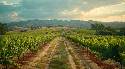 Professional photograph, Wine tasting in a vineyard, vibrant colours and rolling clouds over the hills in the background.