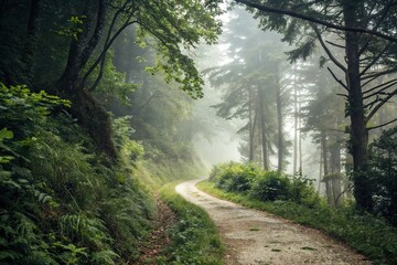 Fototapeta premium Misty forest path winding through dense foliage, mysterious forest, twisted tree branches, misty veil, gnarled roots