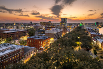 Historical American city architecture at night. Savannah, old city in Georgia state. Illuminated...