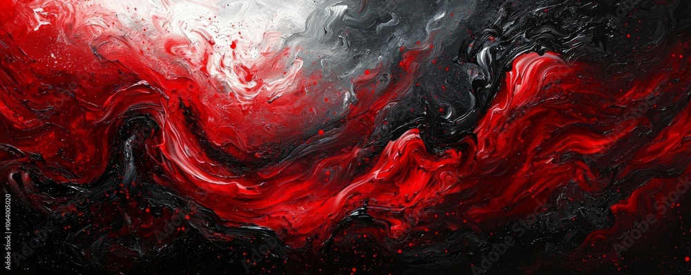 Poster an abstract swirl of red and black paints, creating a dynamic and dramatic cosmic-like scene with hi