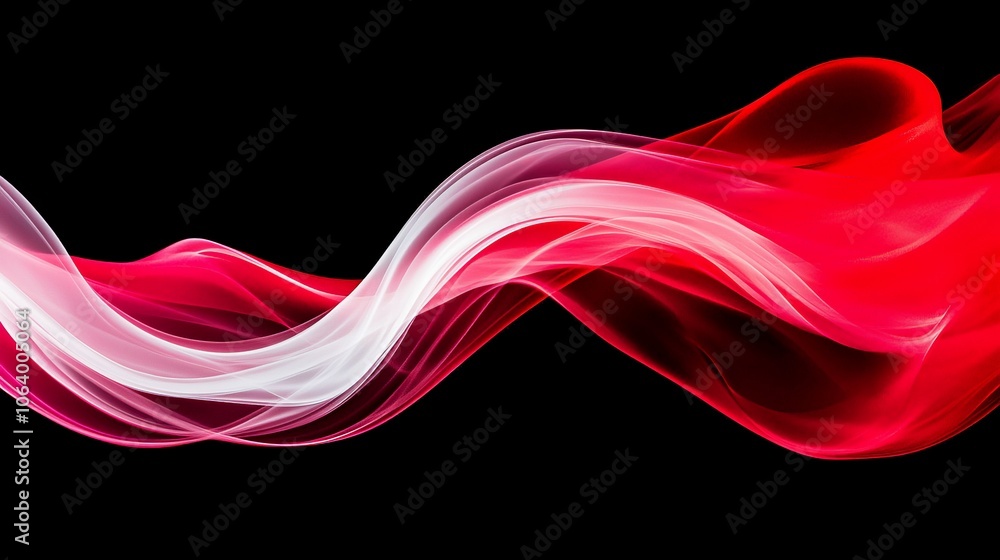 Poster a vibrant, flowing design featuring smooth red and white waves on a black background, creating a dyn
