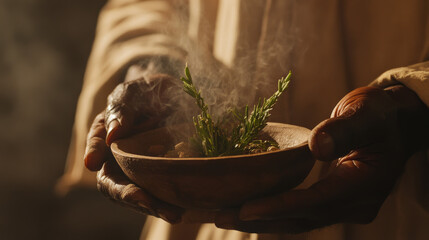 African Healer's Hands Holding Sacred Herbs, Spiritual Ceremony, Warm Lighting, Close-up Photo
