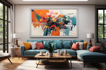 A modern living room featuring a colorful abstract painting and stylish furniture.