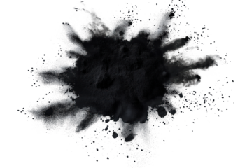 Black powder explosion in center with large cloud of powder particles. Powder particles scattered in various directions creating sense of movement, energy. Gray background provides contrast to black
